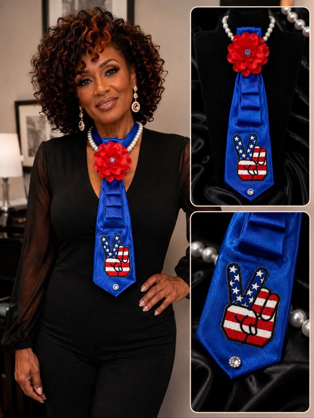 USA - Royal Blue Satin Statement Tie Necklace with Red Flower